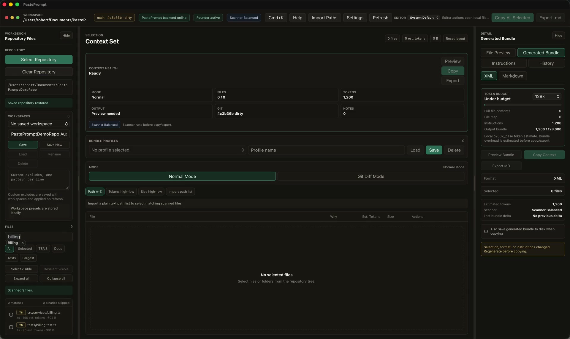 PastePrompt showing selected files and estimated token counts in a local repository.